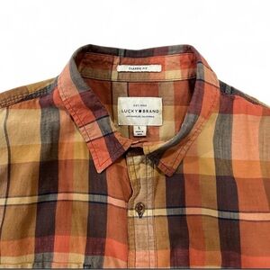 Lucky Brand Orange Blue Plaid Button Down Shirt Worn in Classic Fit Men's Large